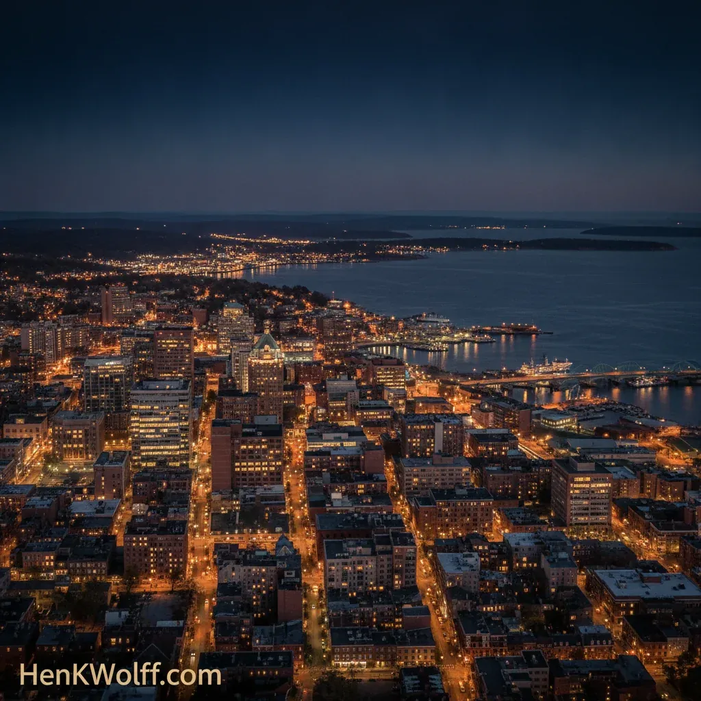 Elevated view of Portland, Maine cityscape at dusk, with city lights and Casco Bay.