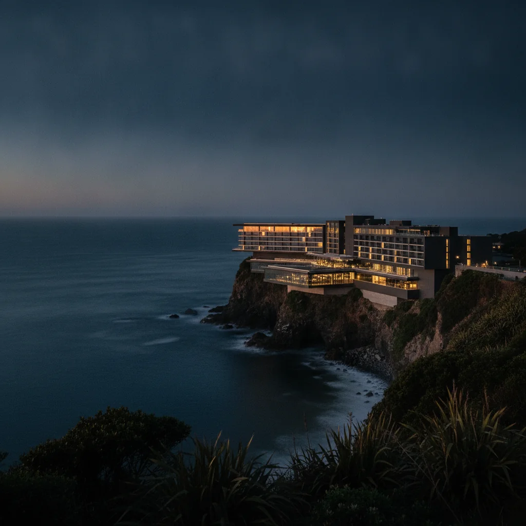 Modern casino-resort on a New Zealand coastal cliff at golden-hour twilight
