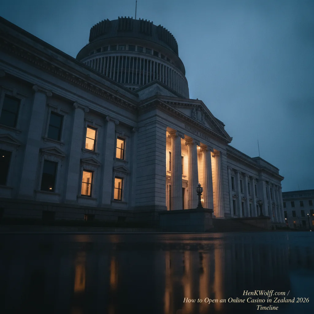 New Zealand Parliament Buildings exterior at blue hour twilight, symbolizing regulatory authority.