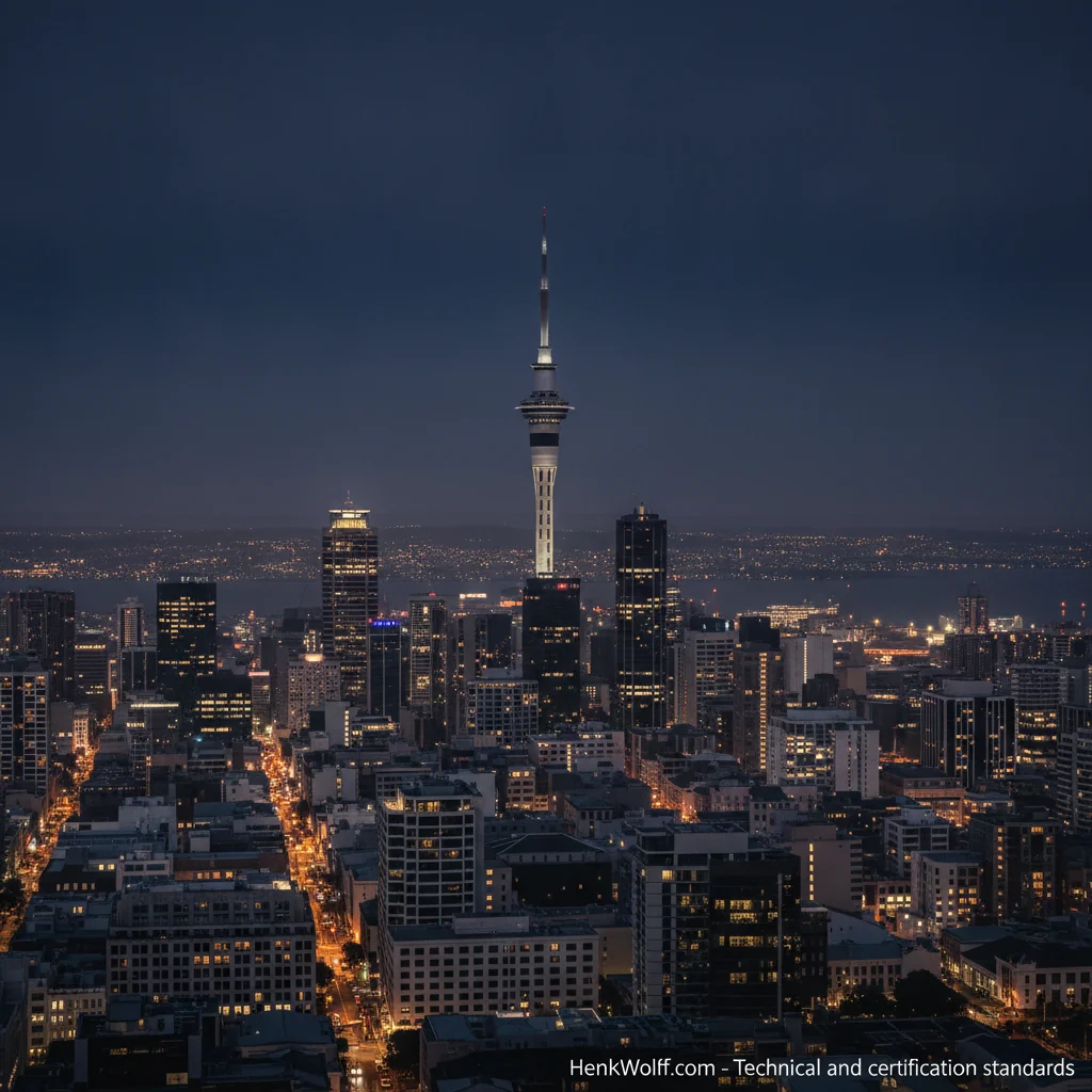 Auckland city financial district skyline at dusk, with warm golden lights against a deep navy sky.