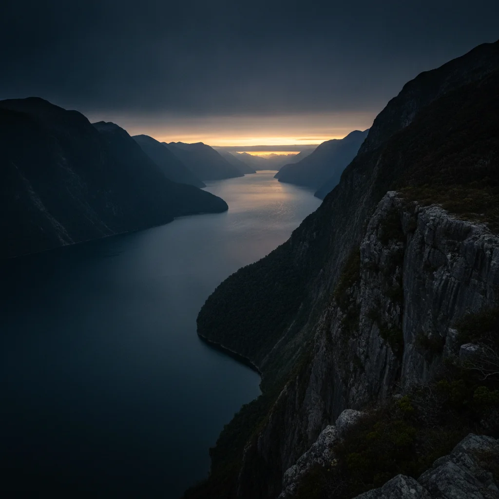 New Zealand fjord landscape at twilight, with steep cliffs and deep, calm waters.