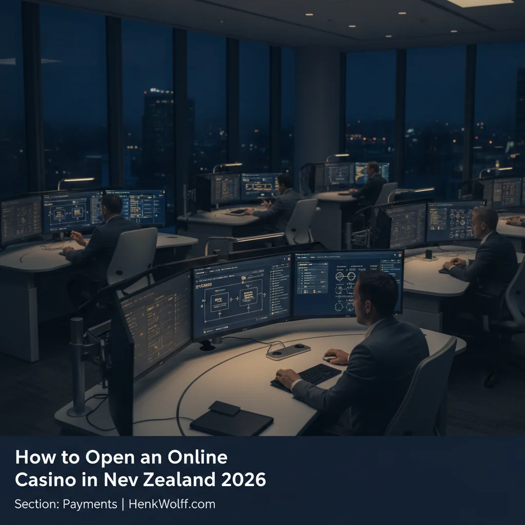 Financial operations center with screens displaying payment data and transaction flows at twilight.