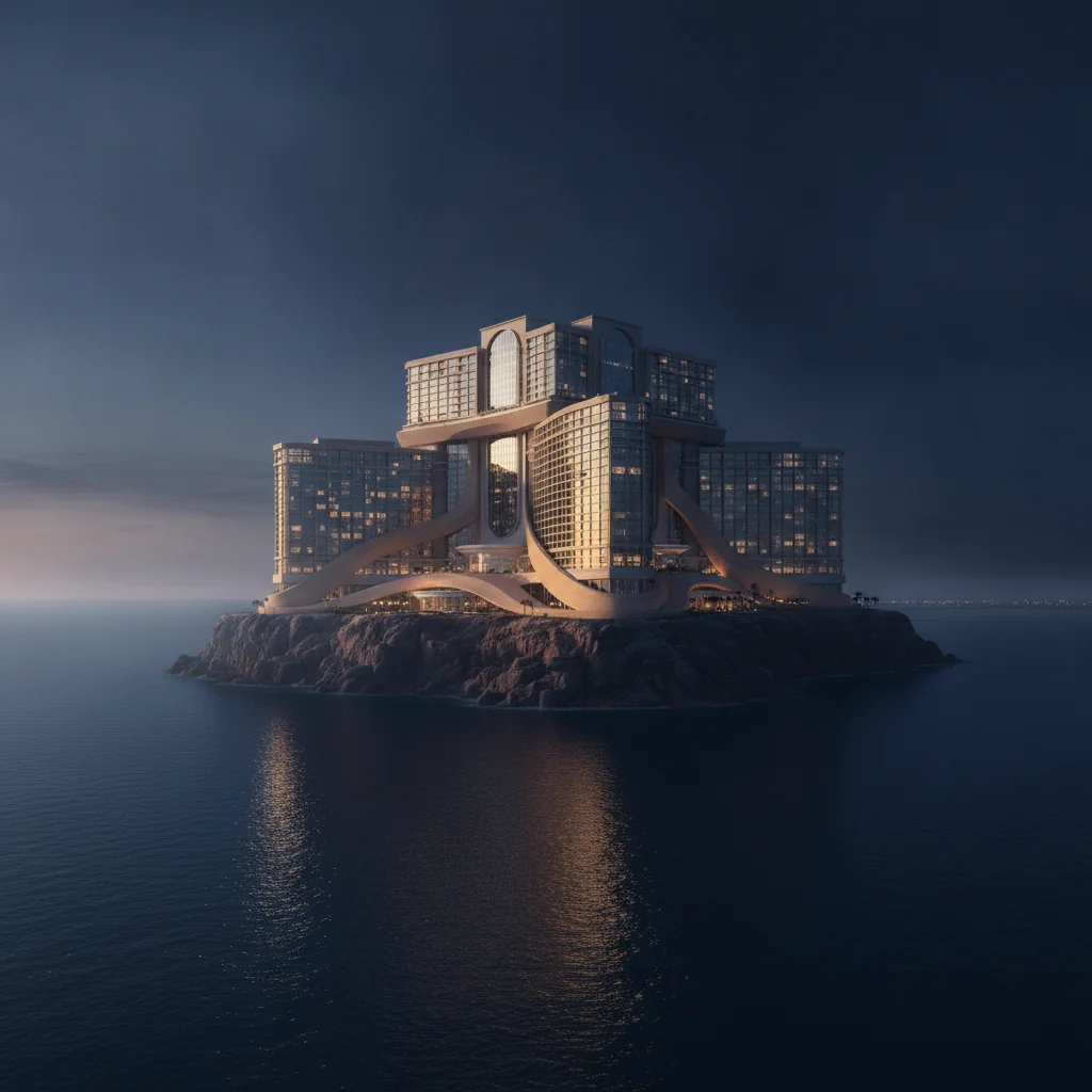 Ultra-modern casino-resort building on a UAE coastal cliff at golden-hour twilight, glowing with interior light.