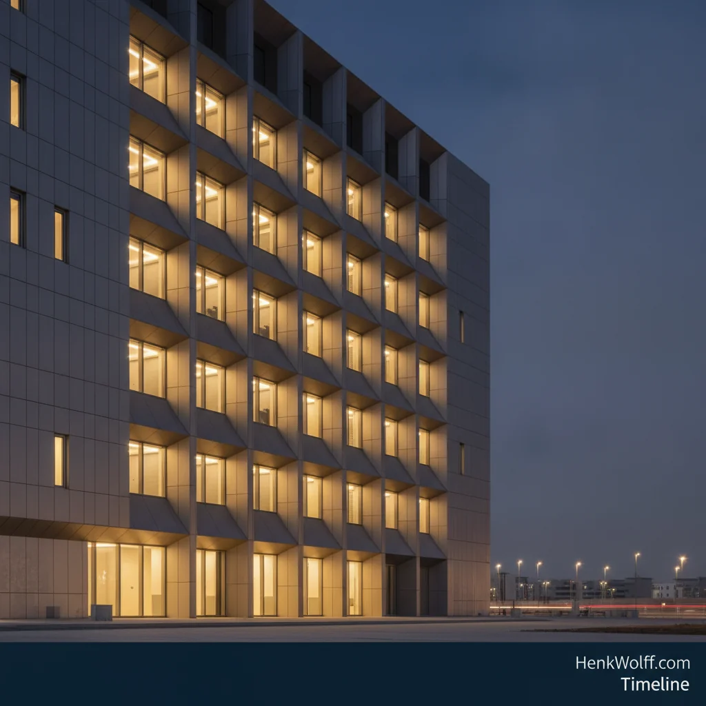 UAE regulatory building exterior at blue hour with warm interior lights.