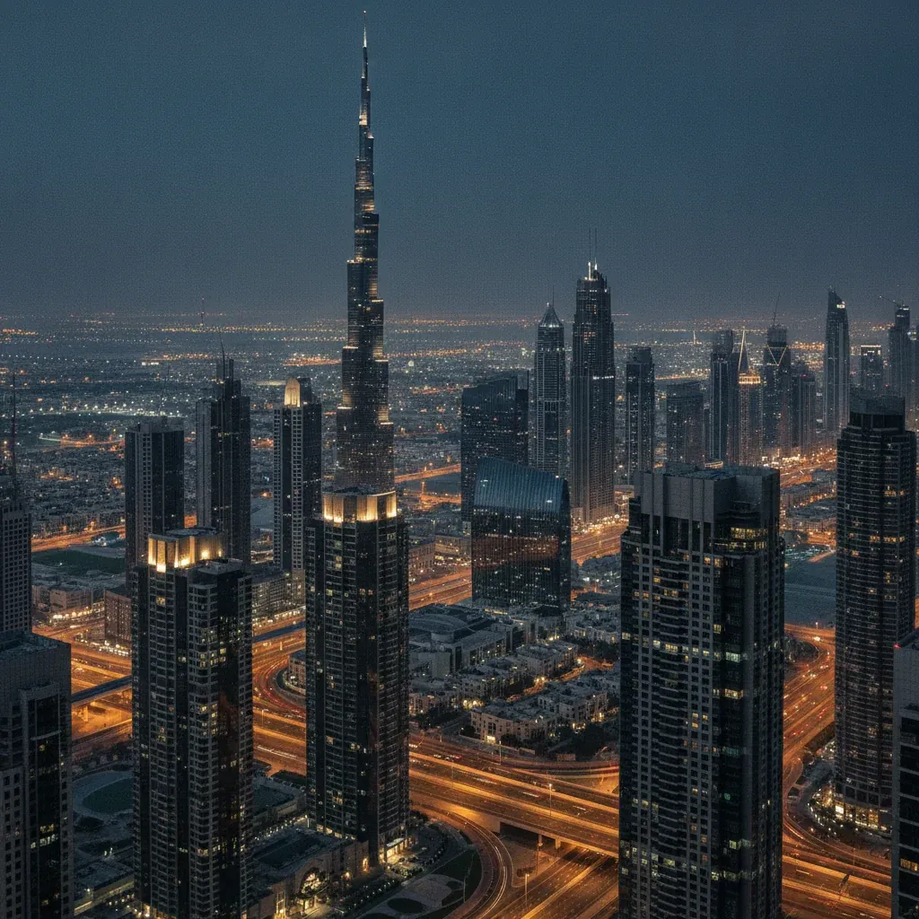 Dubai financial district cityscape at blue hour, emphasizing modern architecture.
