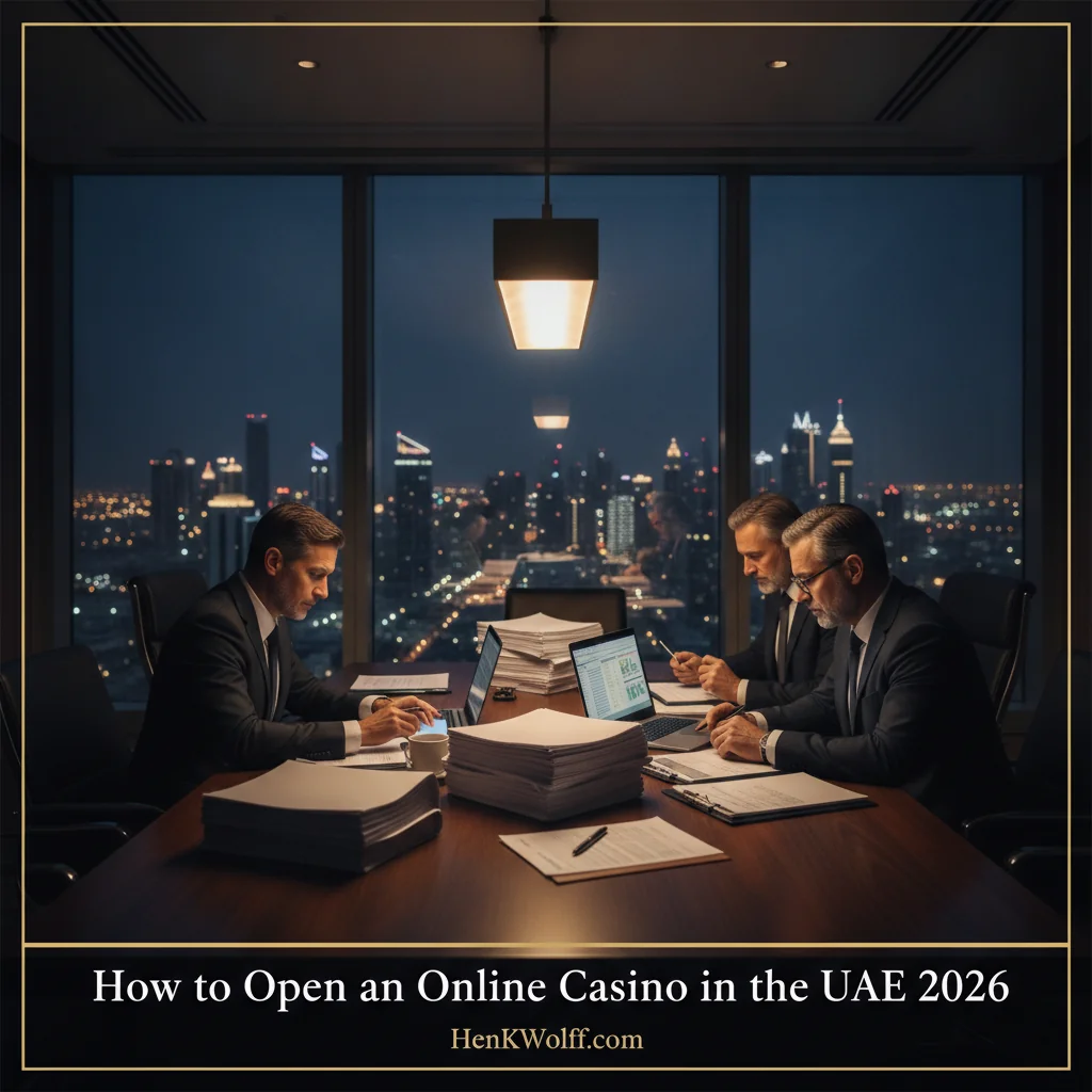Modern executive boardroom in a UAE high-rise office at twilight, compliance officers reviewing regulations.