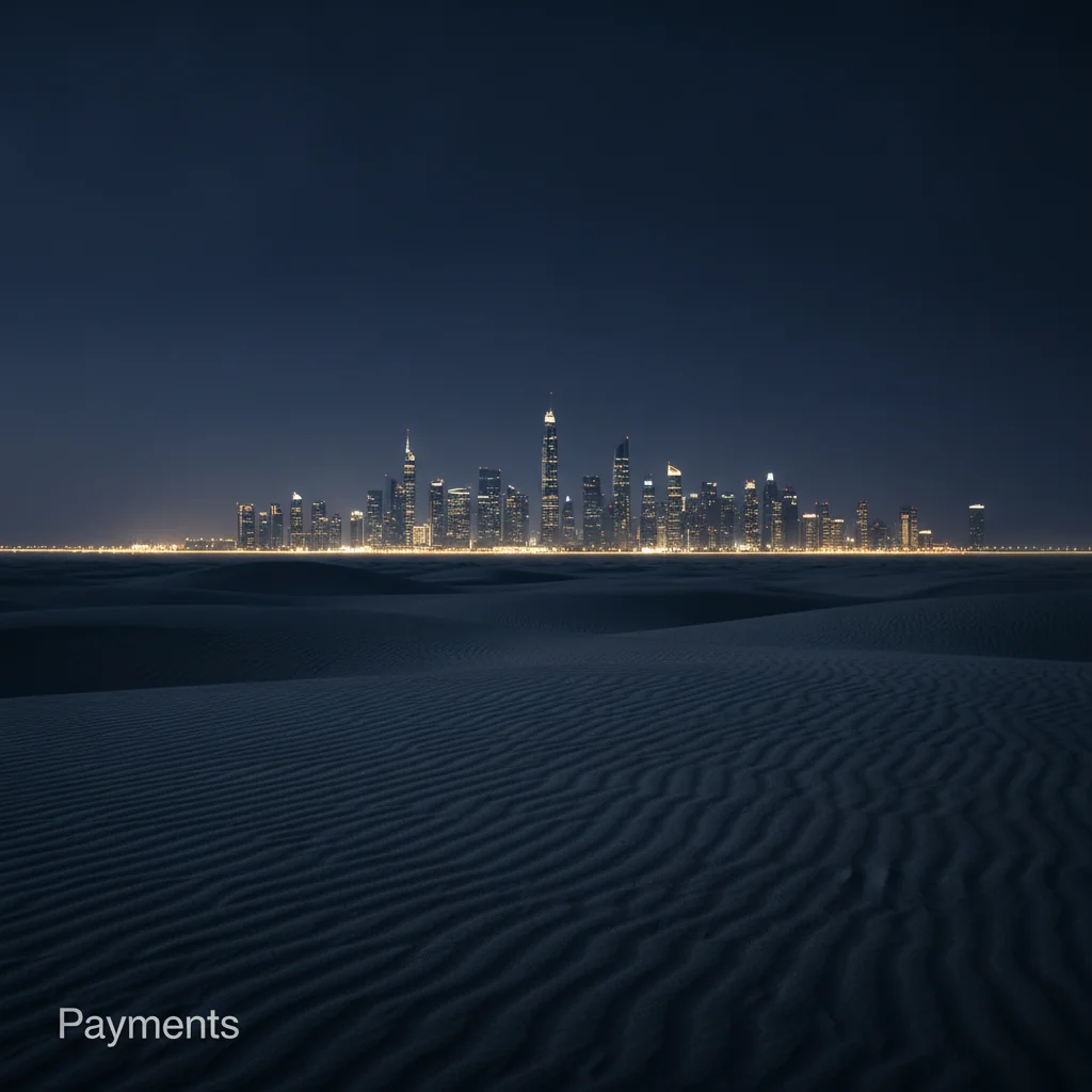 Distant view of a modern UAE financial city skyline rising from a desert landscape at blue hour.