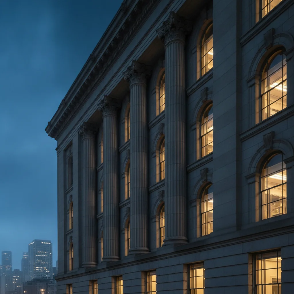 Regulator building exterior at blue hour, neoclassical institutional architecture, warm interior light.