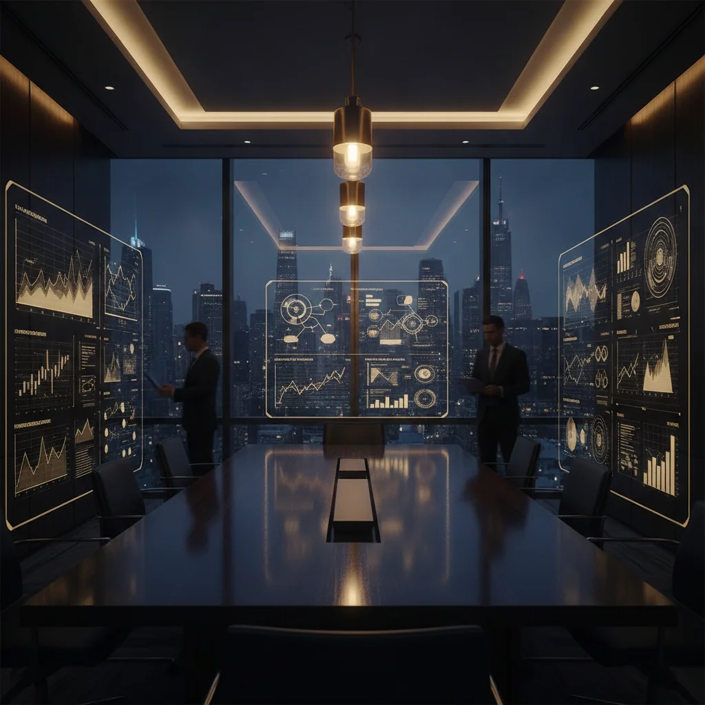 Modern boardroom with city skyline at twilight, professional figures reviewing data on large screens.