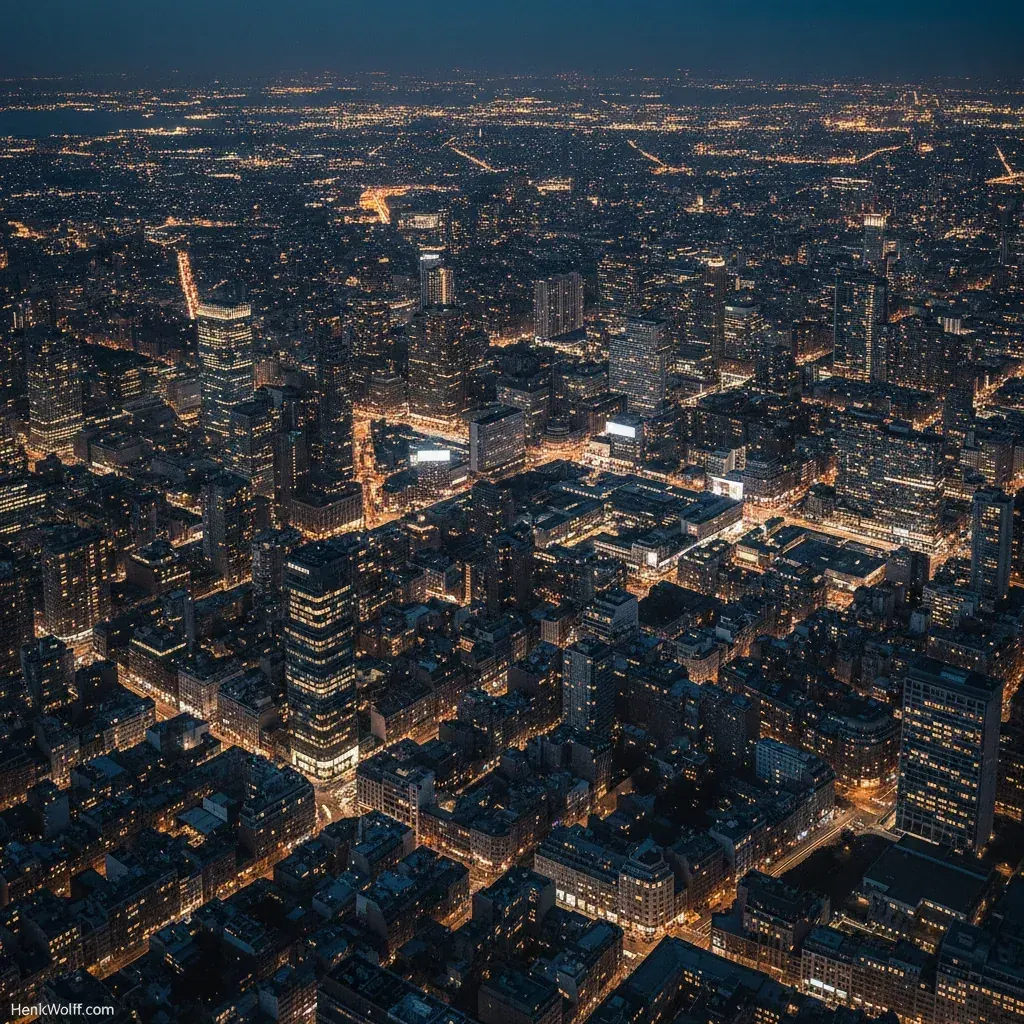High-angle view of a vast, illuminated global city at blue hour, symbolizing market scale for sportsbook odds.