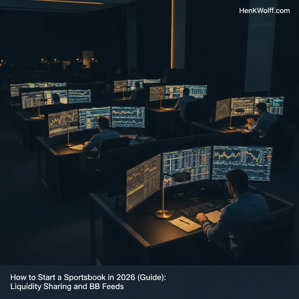 Sportsbook operations center with glowing screens and blurred figures