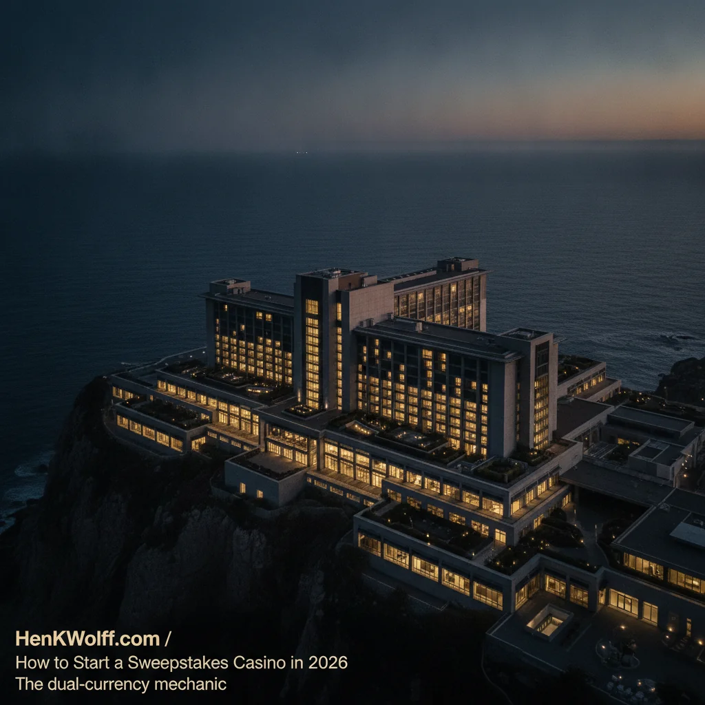Grand modern casino-resort on a coastal cliff at twilight