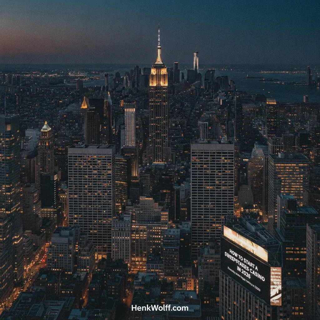 New York City financial district skyline at dusk with warm golden lights against a deep navy sky.