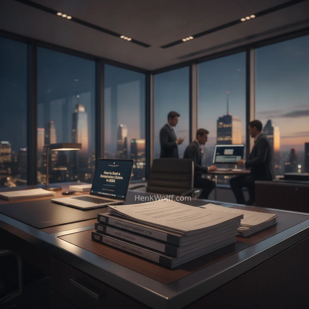 Executive office desk with compliance documents, city skyline at twilight