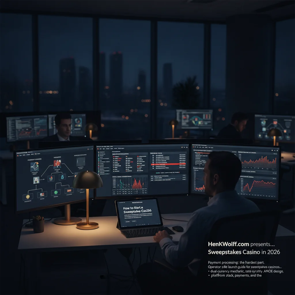 Modern payment operations center with glowing screens, evoking the complexity of sweepstakes casino transactions.