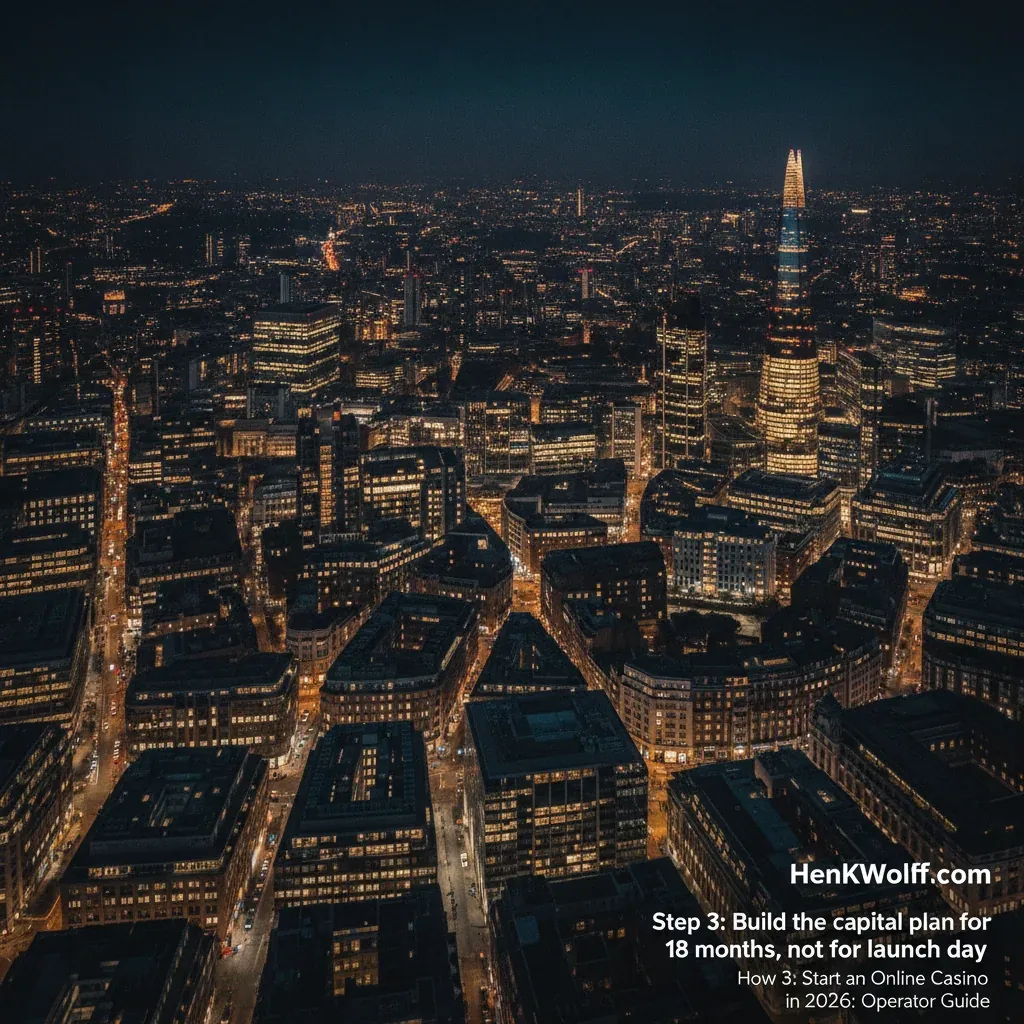 Aerial view of the illuminated London financial district at night, with iconic landmarks and golden lights.