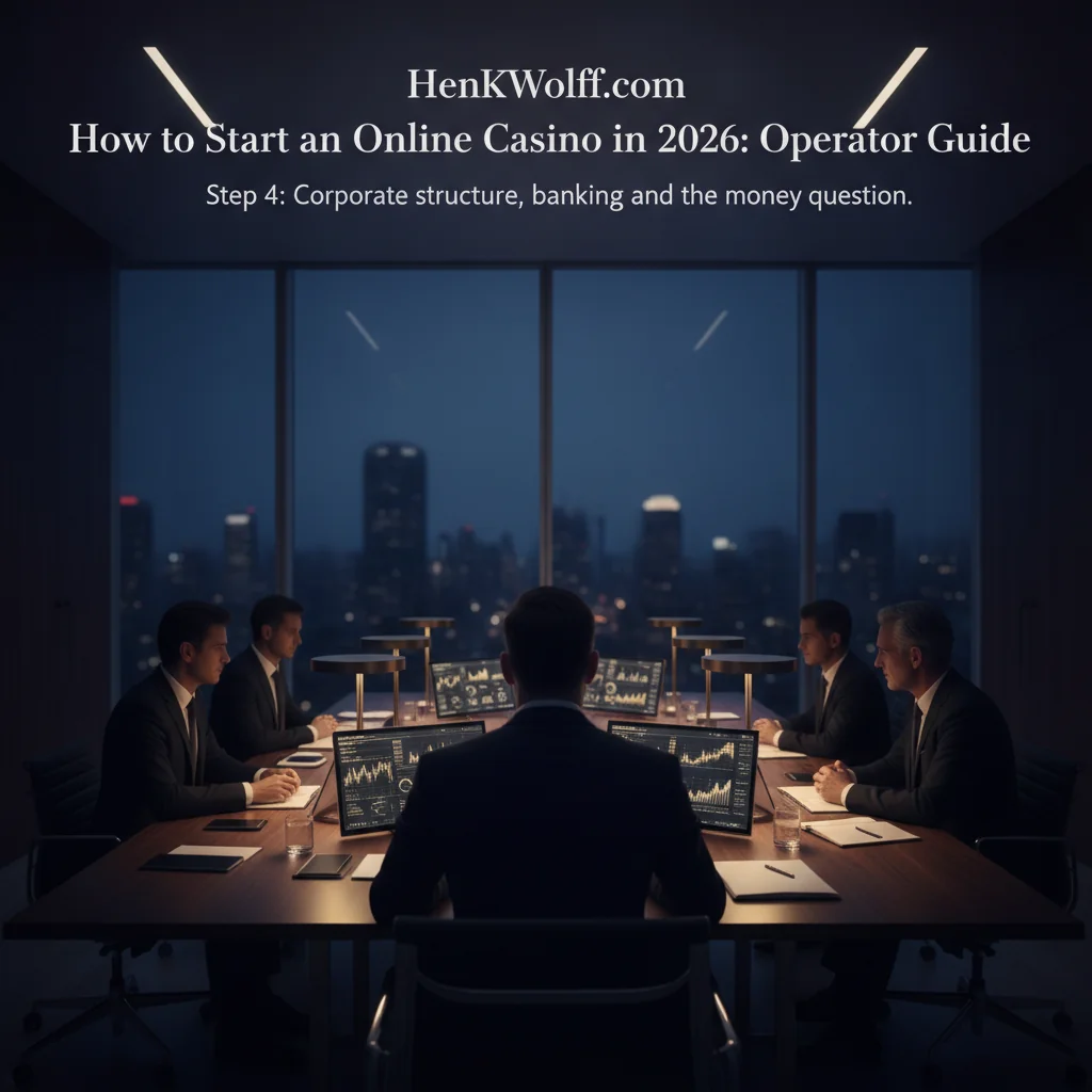 Executive boardroom at twilight, figures discussing iGaming corporate finance and banking.