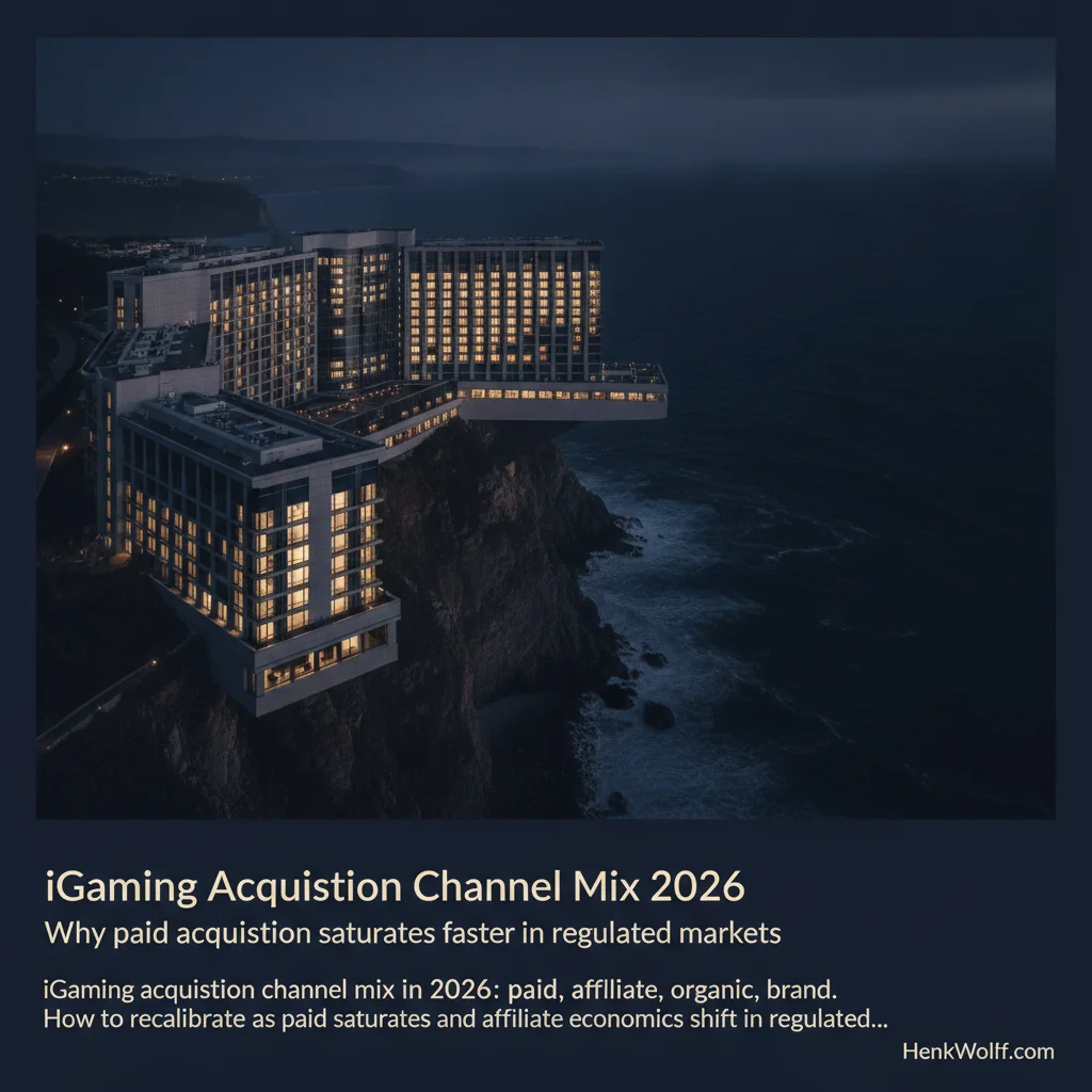 Casino-resort on a dramatic coastal cliff at twilight, overlooking a deep navy ocean.