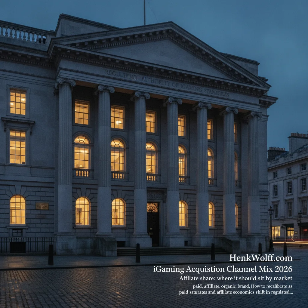 British regulator building exterior at blue hour twilight with warm interior lighting.