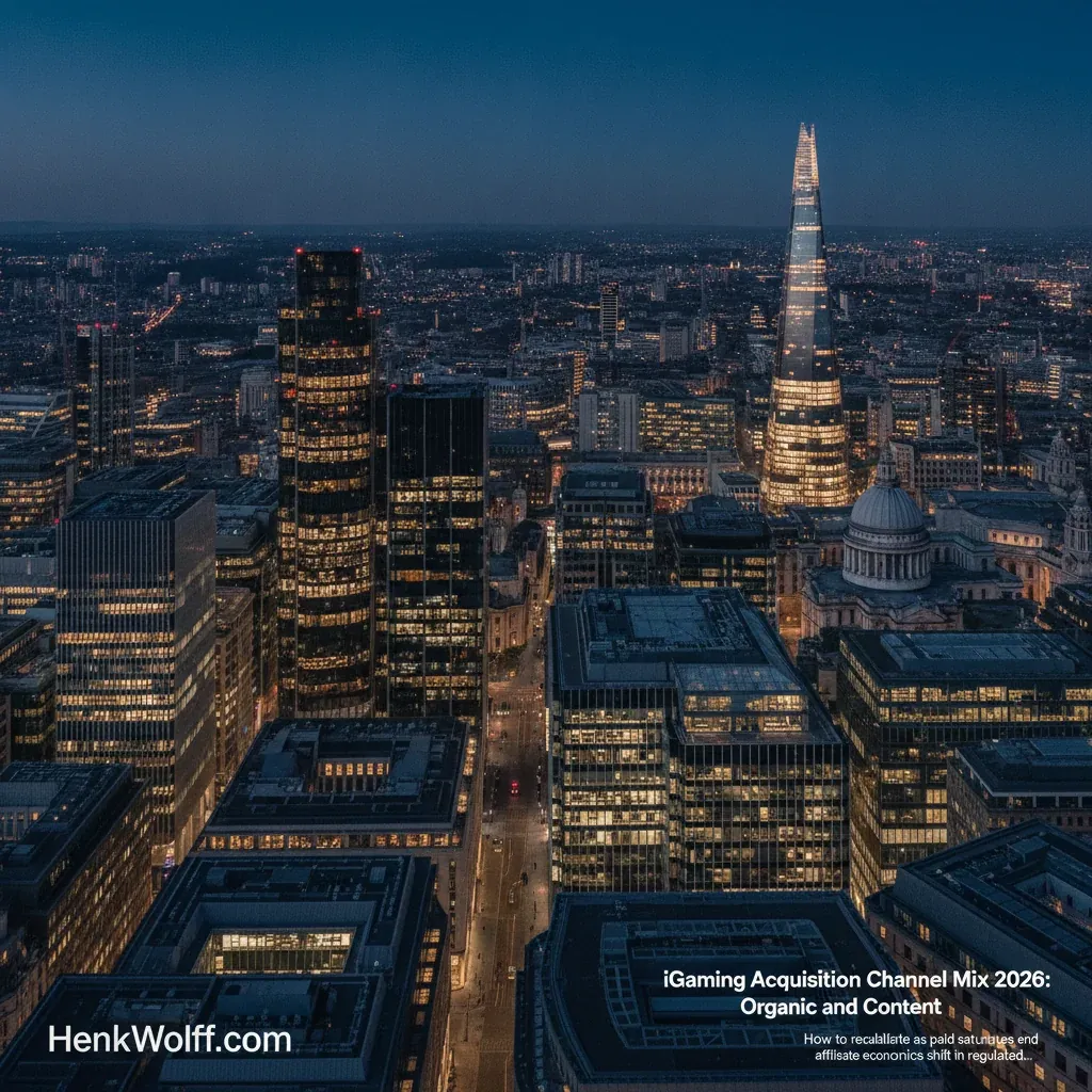 London financial district skyline at blue hour, an elevated wide-angle view of office towers and landmarks.
