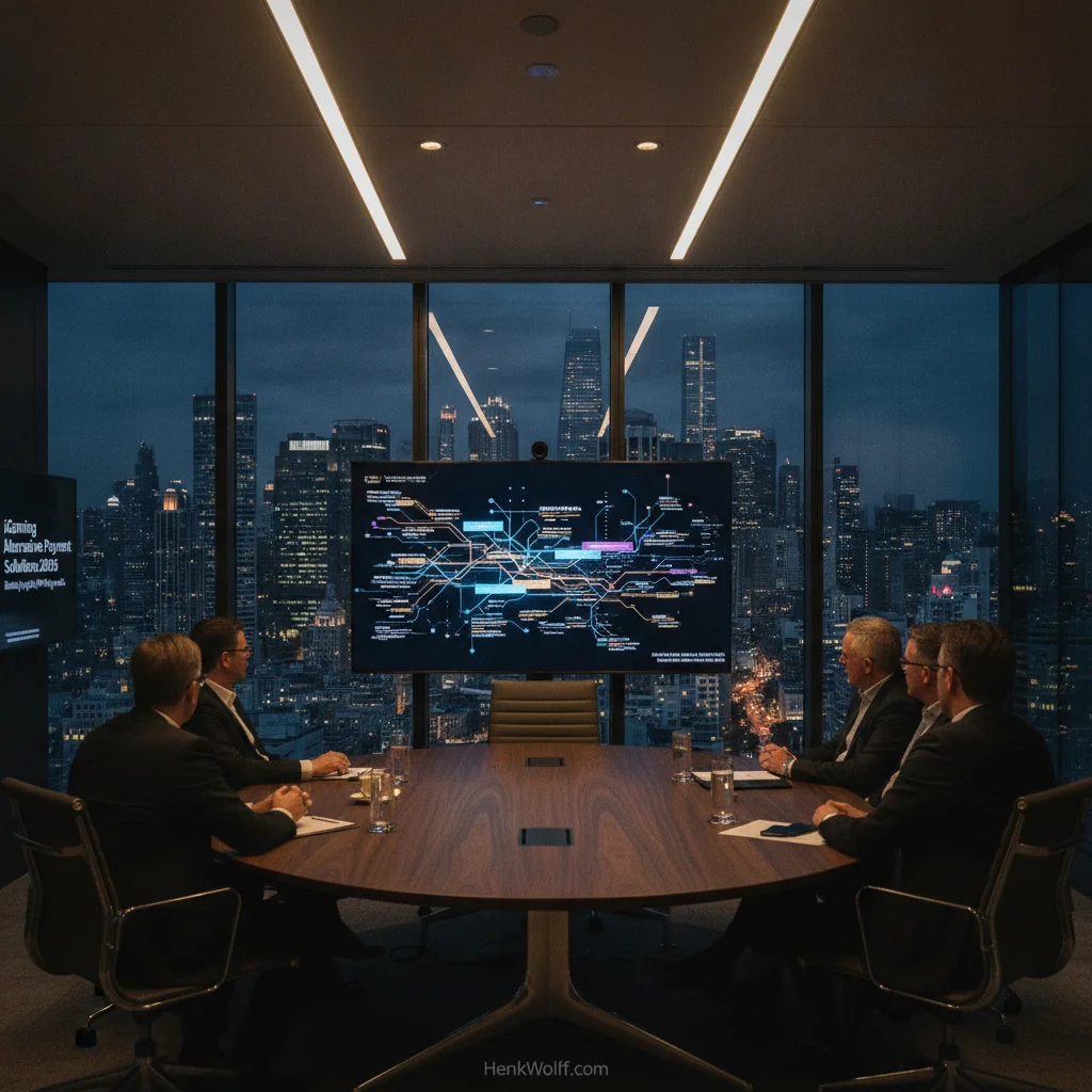 Modern boardroom overlooking a city skyline at twilight, with figures discussing payment strategies.