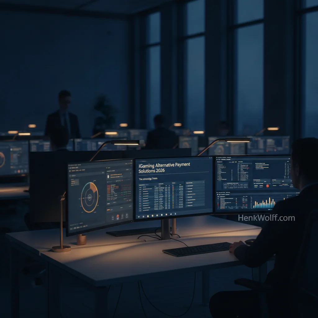 Modern iGaming operations center with screens displaying payment data at blue hour.