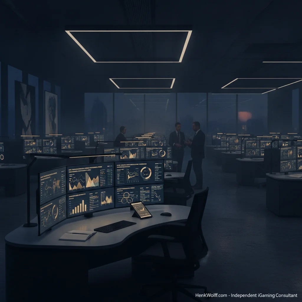 Modern iGaming operations center with screens displaying marketing data and CAC benchmarks.