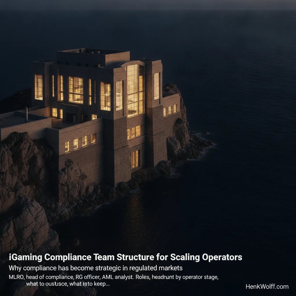 Modern casino-resort on a coastal cliff at golden-hour twilight, overlooking a deep navy ocean.
