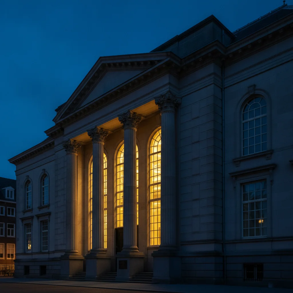 Kansspelautoriteit (KSA) regulator office in The Hague at blue hour, warm light from windows