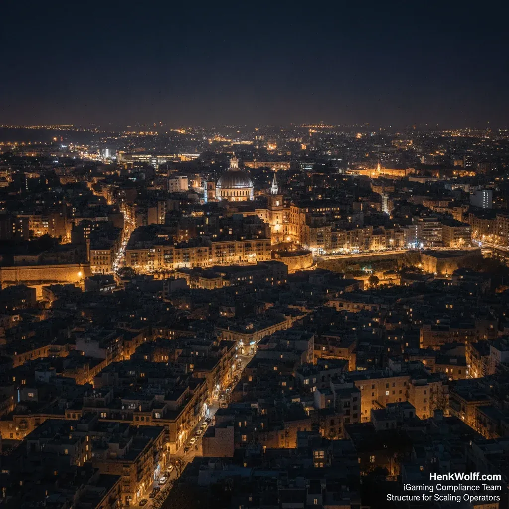 Elevated wide-angle view of Valletta, Malta, at night with illuminated city lights and deep navy sky.