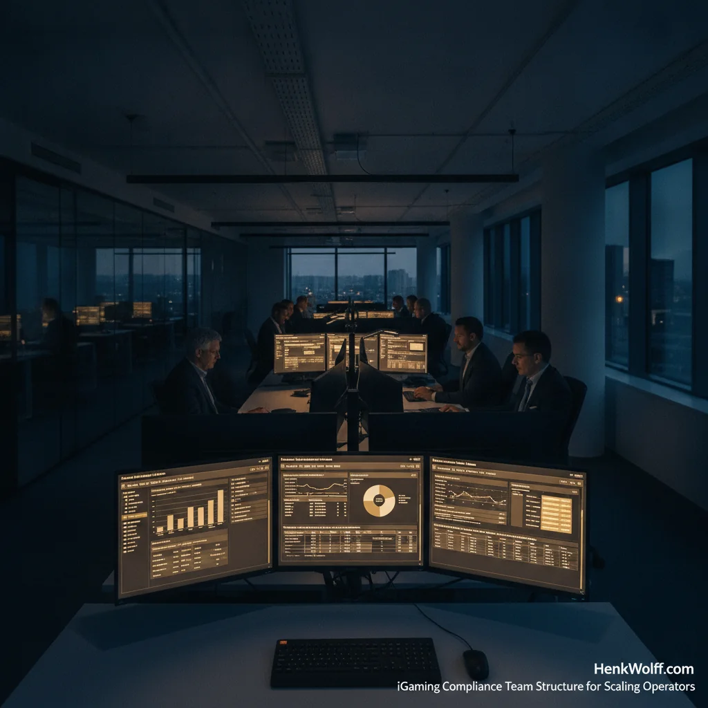 iGaming compliance operations centre with screens displaying regulatory data dashboards.