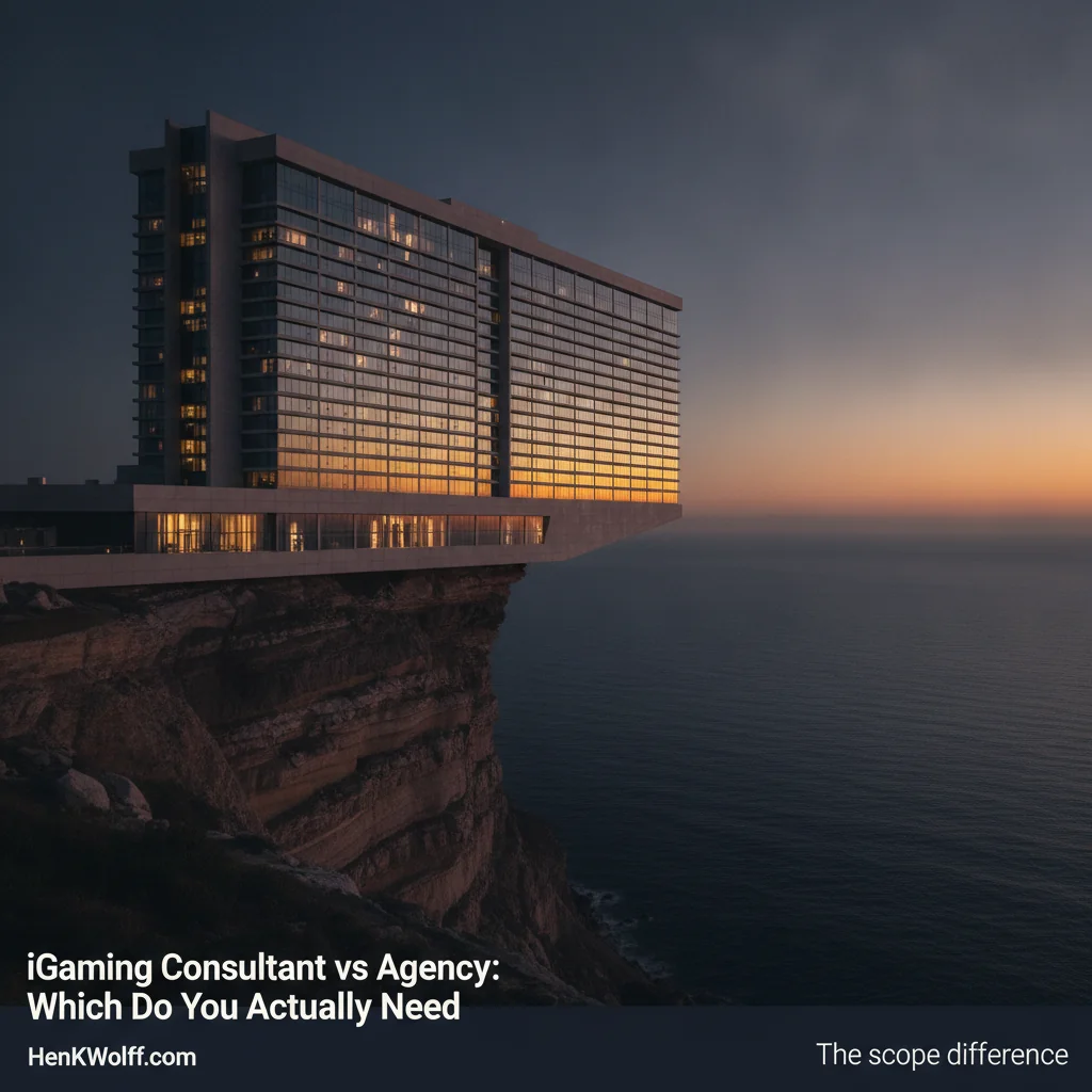 Grand casino-resort on a coastal cliff at twilight, overlooking a vast navy ocean.