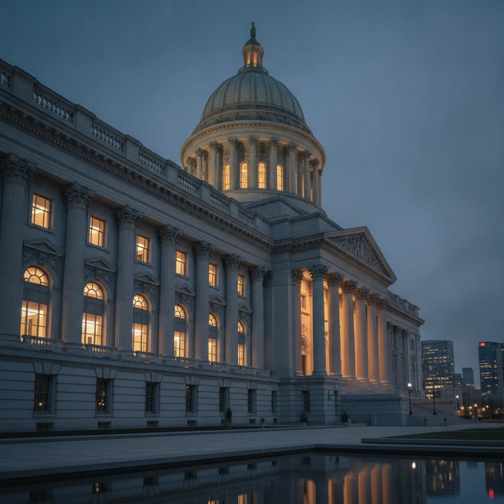 Authoritative government building exterior at blue hour with warm interior lights.