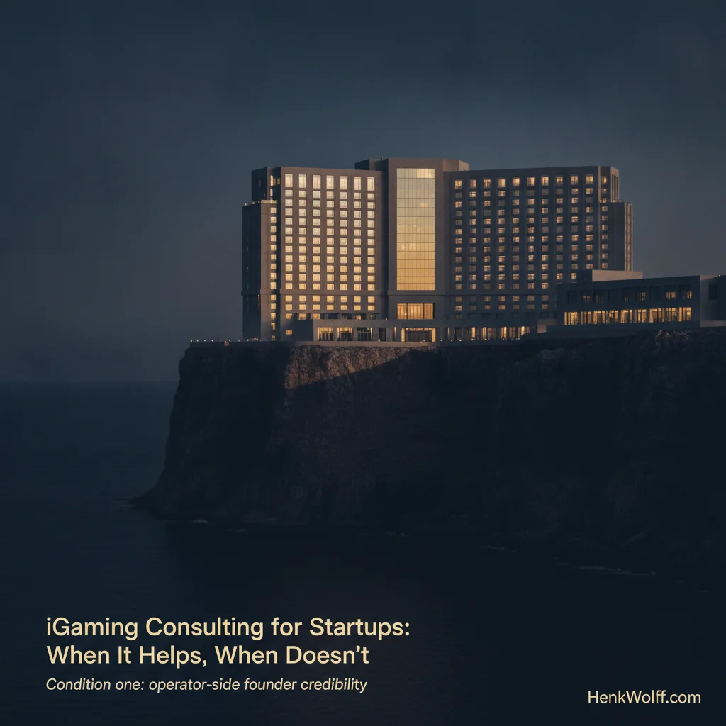 Grand casino-resort on a coastal cliff at twilight, deep ocean below, warm glowing windows.