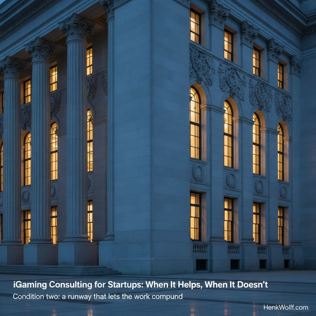 European regulatory authority building exterior at blue hour with warm lights through neoclassical windows.