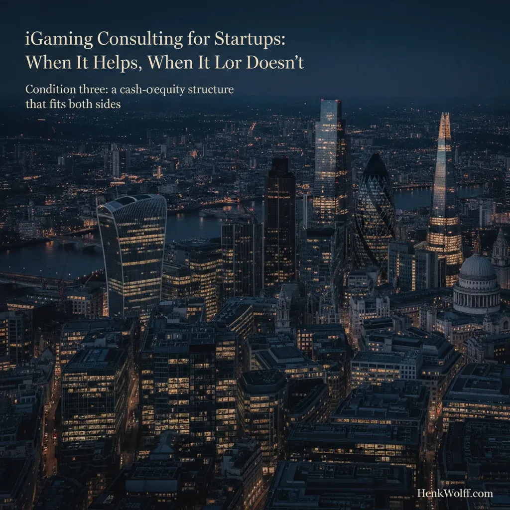 Aerial view of the London financial district skyline at blue hour with golden city lights.