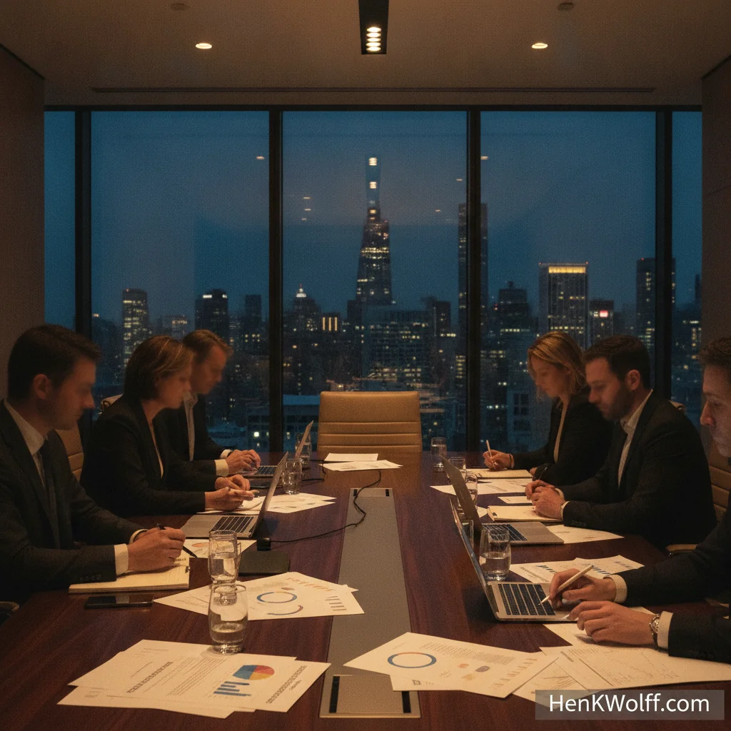 Modern boardroom with professional figures in soft focus, city skyline at twilight, focused diagnostic work.
