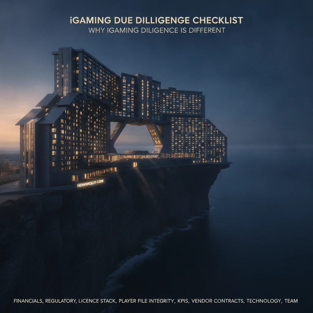 Grand casino-resort on a coastal cliff at twilight, representing complex iGaming operations.