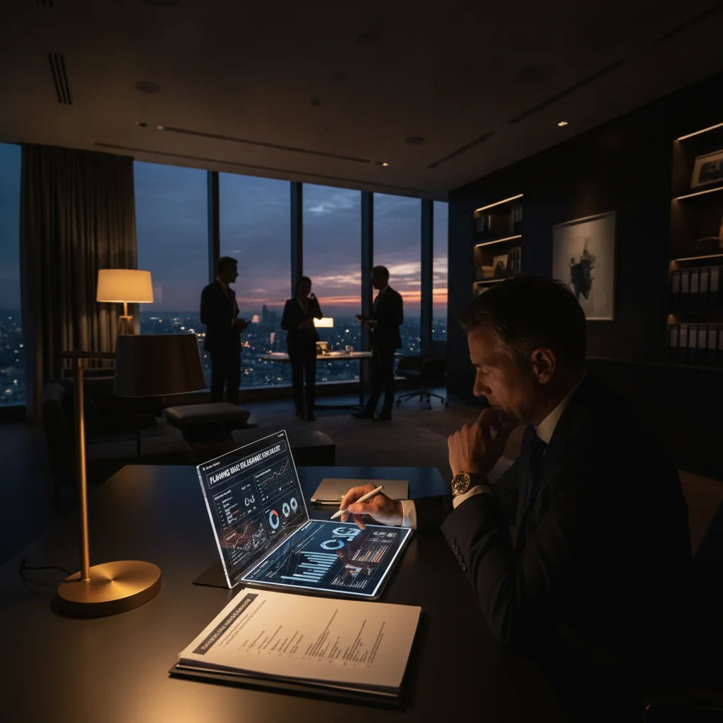 Professional examining player compliance documentation in a modern executive office at twilight.