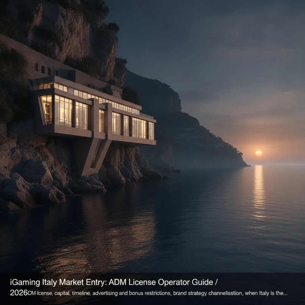 Modern casino-resort on the Italian coastline at twilight with glowing interior lights