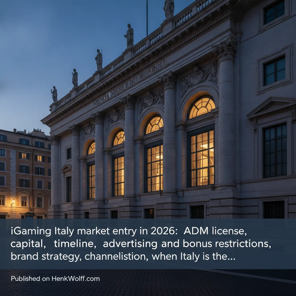 Authoritative Italian government building exterior at blue hour with glowing warm windows.