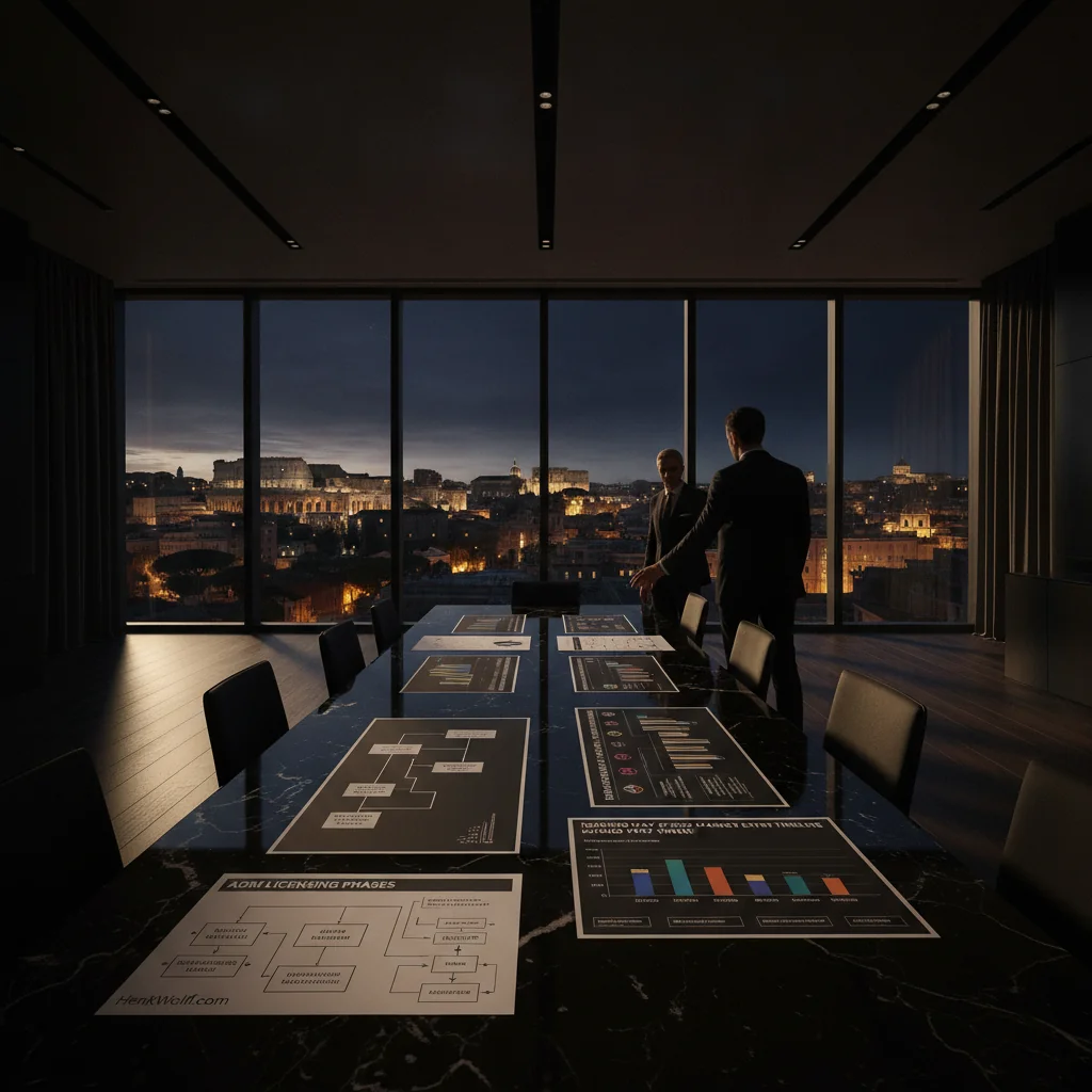 Modern executive boardroom in Rome at twilight, strategic documents on table