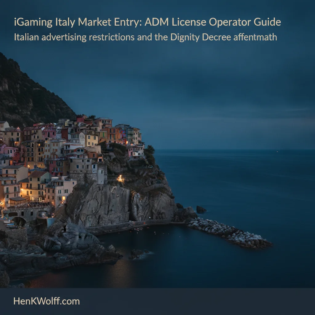 Historic Italian cliffside town at blue hour, overlooking the sea with warm lights.