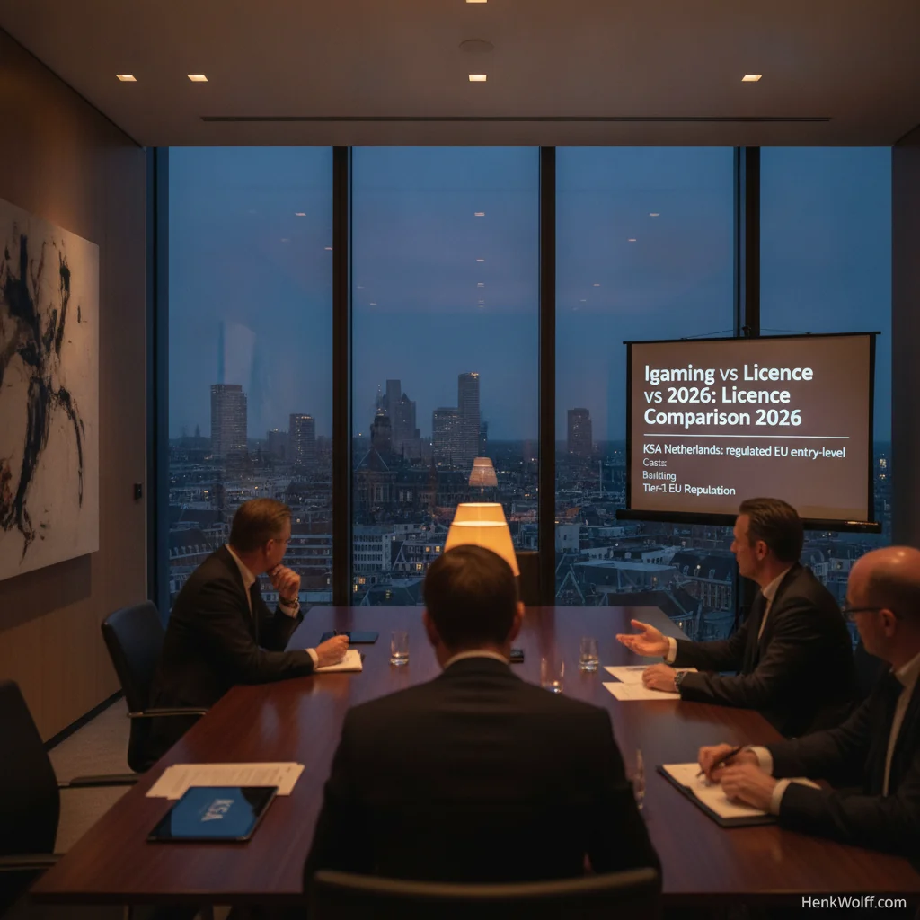 Modern executive boardroom in The Hague at twilight, overlooking the city skyline, with professional figures.