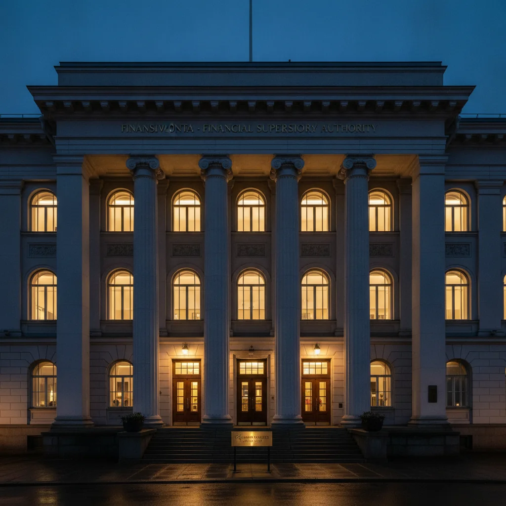 Finnish government or regulatory building exterior at blue hour in Helsinki