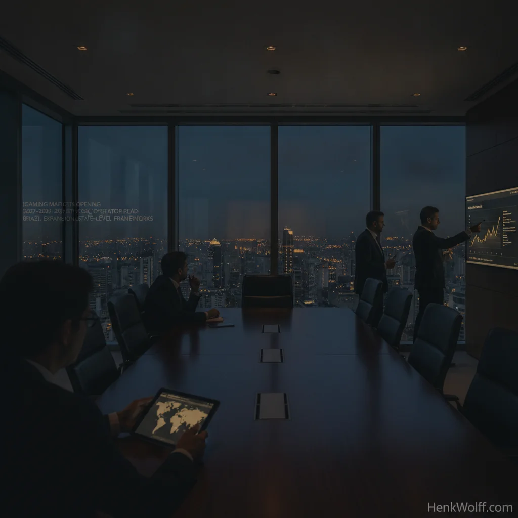 Modern boardroom overlooking a Brazilian city skyline at twilight with executives