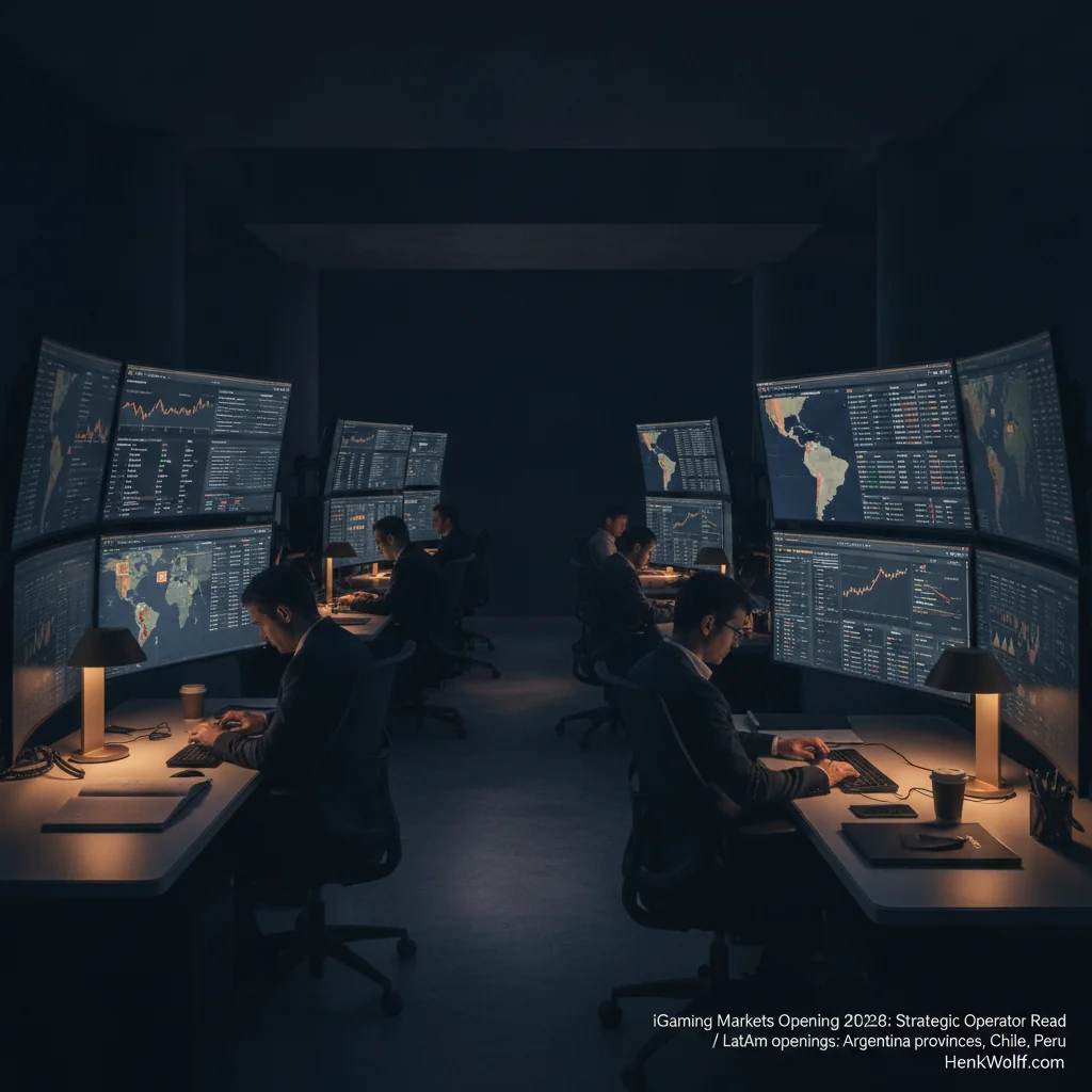 Modern iGaming operations center with screens showing data for Latin American markets.