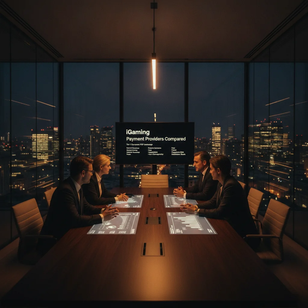 Modern executive office overlooking a European city skyline at twilight, with figures discussing.