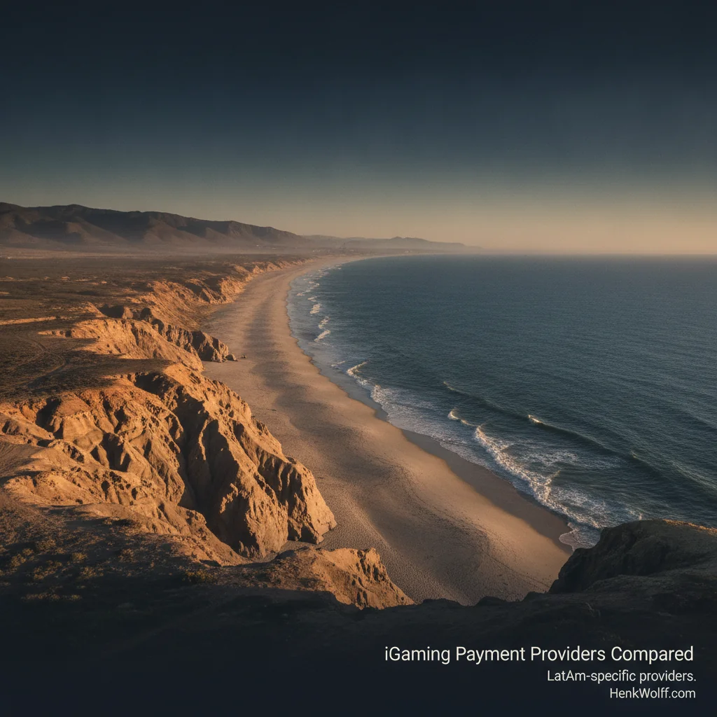 Sweeping view of a vast South American coastline at golden hour, with deep ocean and a golden sky.