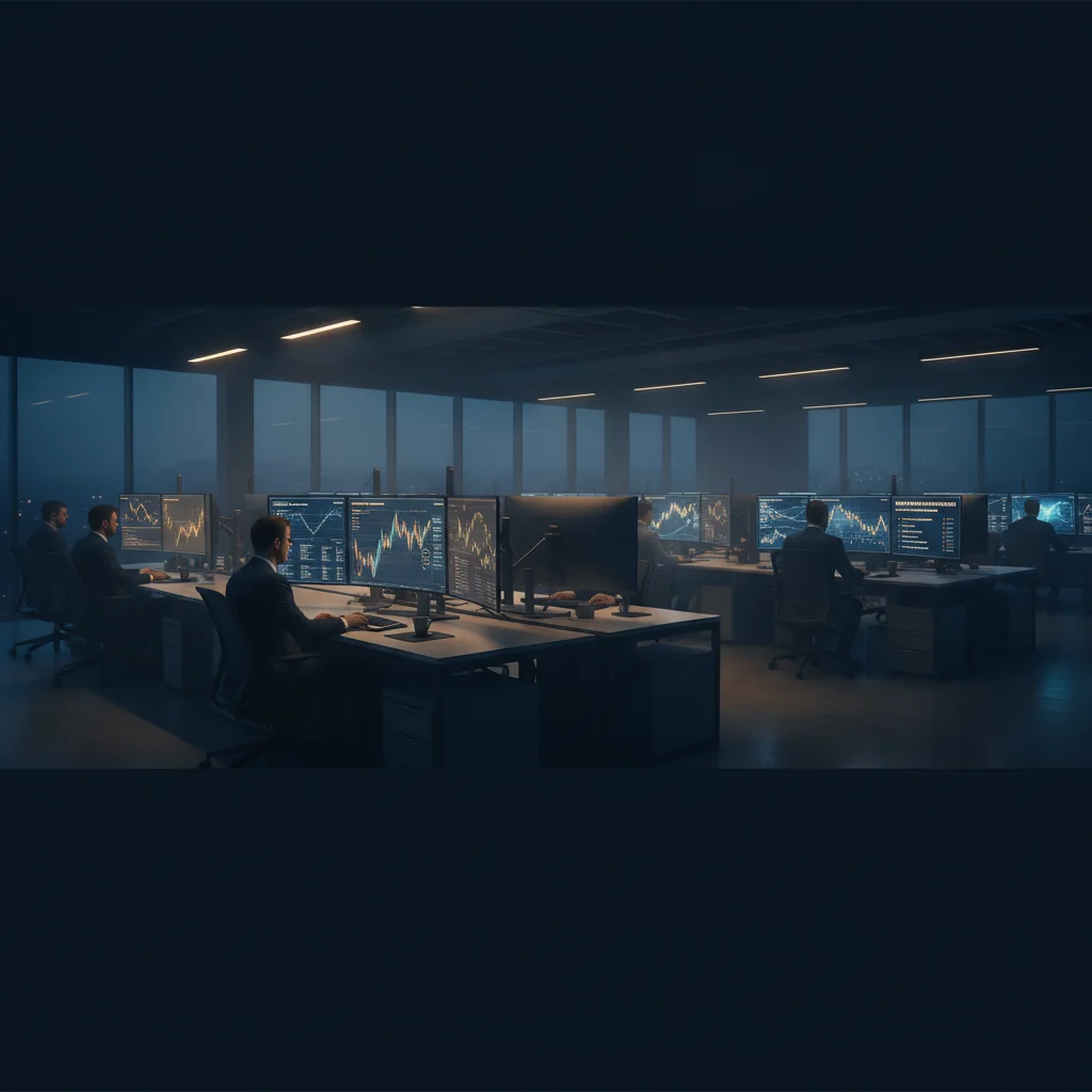 Modern financial operations floor at blue hour, screens displaying digital asset data.